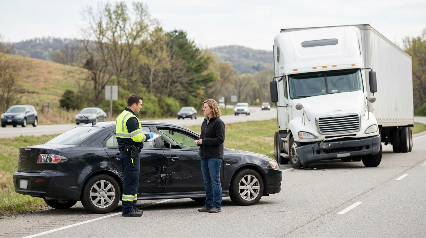 Damaged semi truck and passenger vehicle at the scene of a serious truck accident.