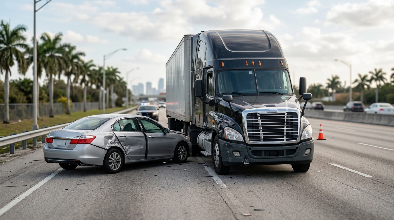 Damaged semi truck and passenger vehicle at the scene of a serious truck accident in Miami.
