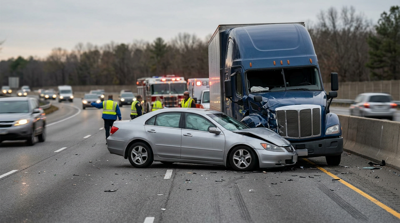 Damaged semi truck and passenger vehicle at the scene of a serious truck accident.