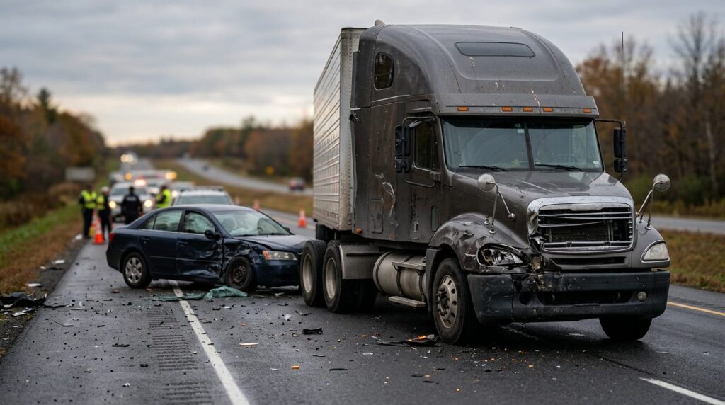 Damaged semi truck and passenger vehicle at the scene of a serious truck accident.