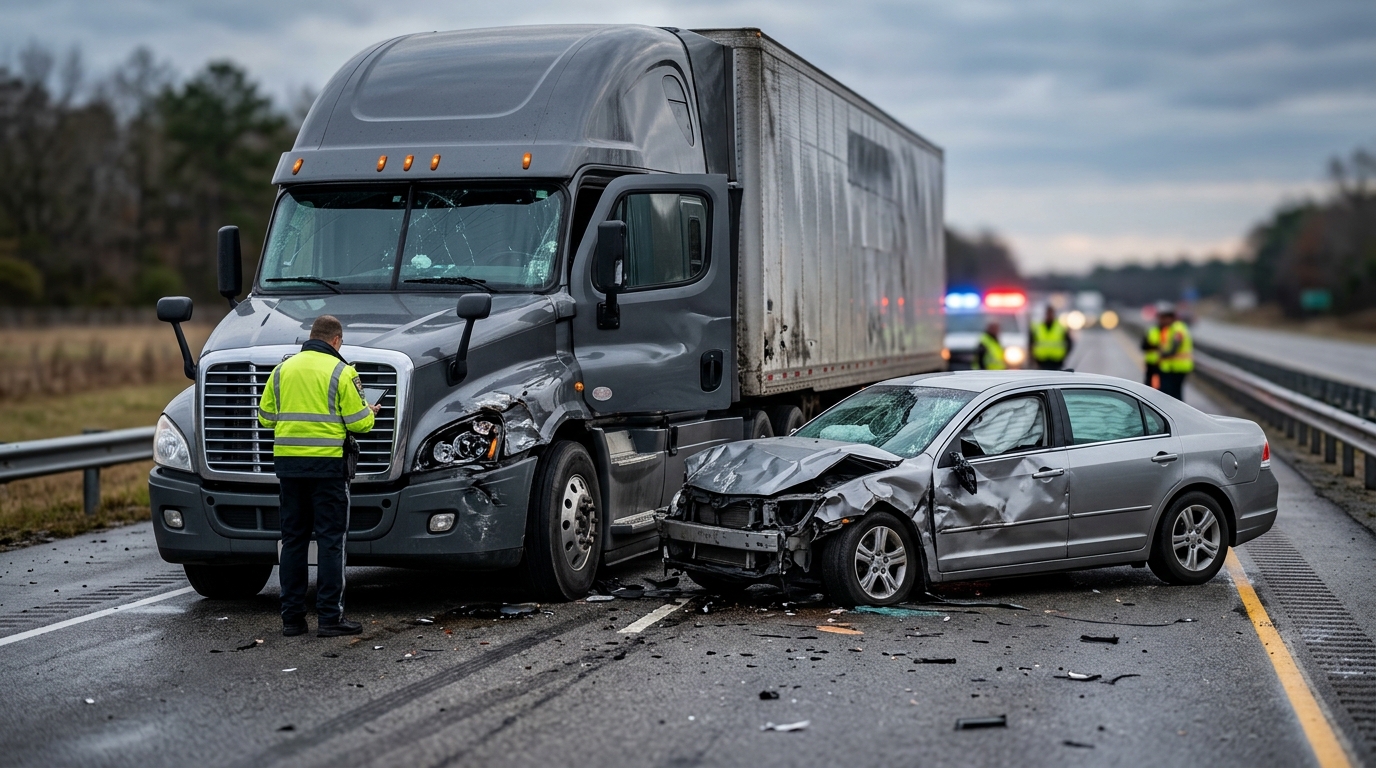 Damaged semi truck and passenger vehicle at the scene of a serious accident.