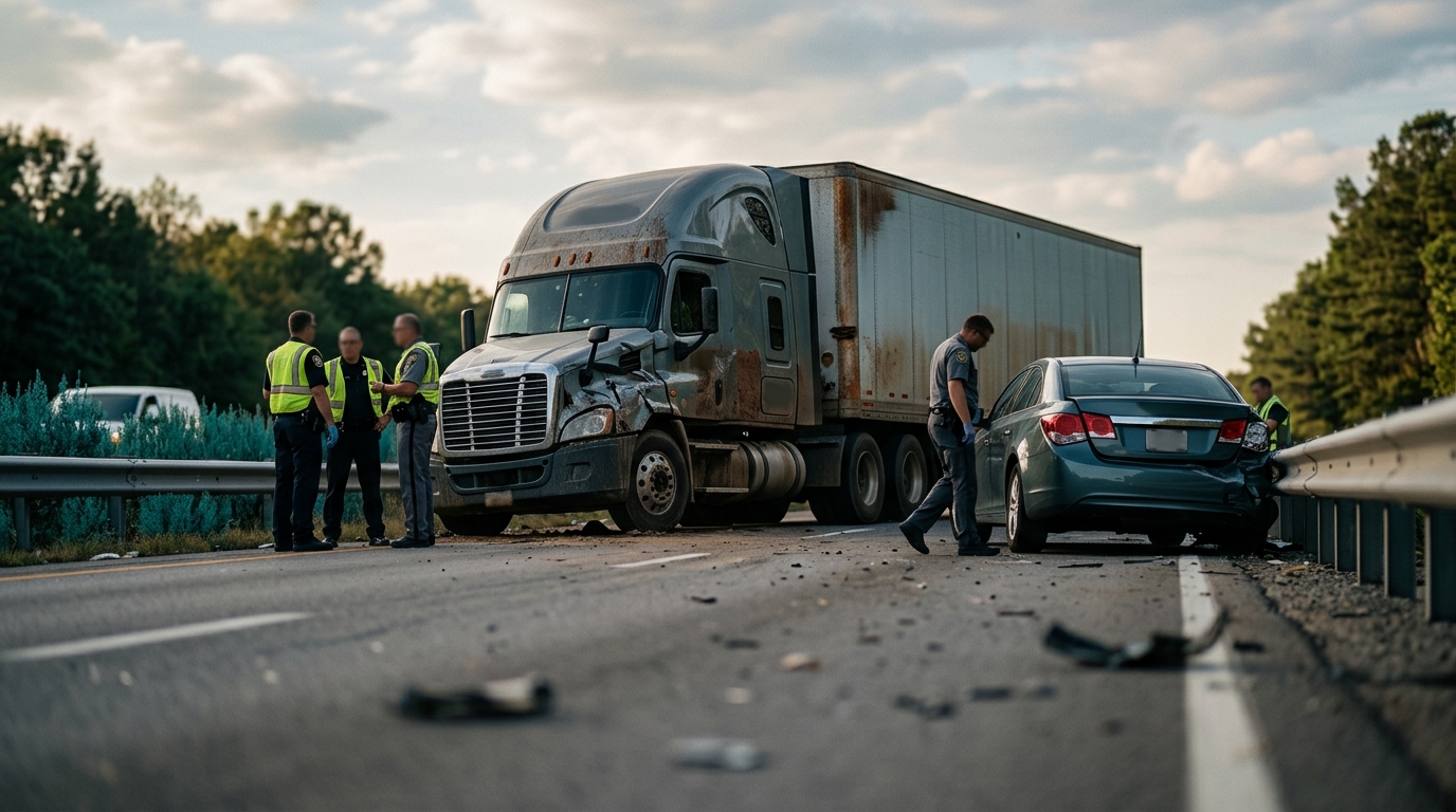 Damaged semi truck and passenger vehicle at the scene of a serious highway collision.