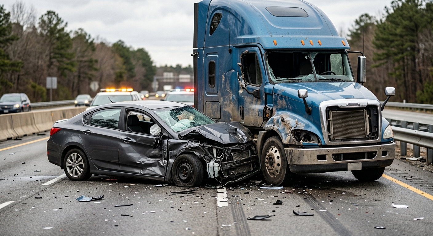 Damaged semi truck and passenger vehicle at the scene of a serious truck accident.