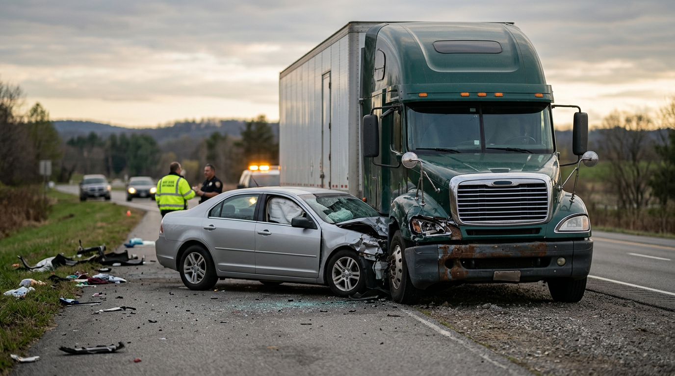 Damaged semi truck and passenger vehicle at the scene of a serious highway collision.