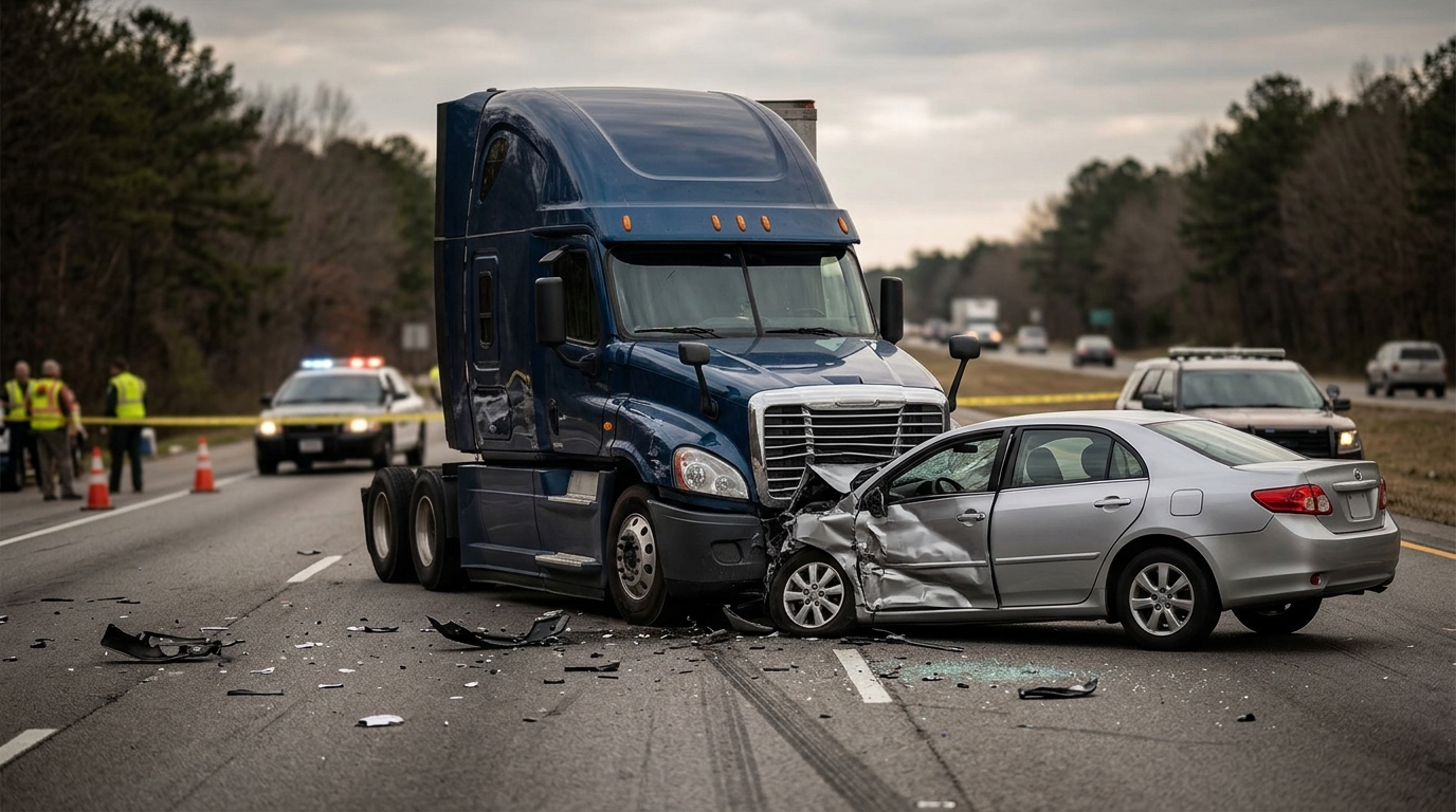 Damaged semi truck and passenger vehicle at the scene of a serious highway crash.