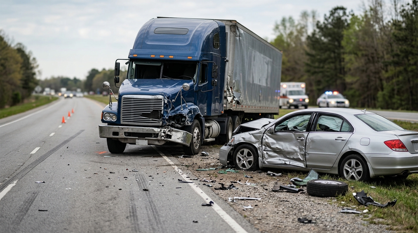 Damaged semi truck and passenger vehicle on the road after a serious collision.