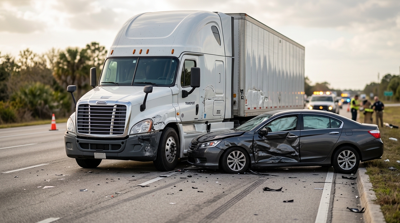 Damaged semi truck and passenger vehicle on the road after a serious collision.
