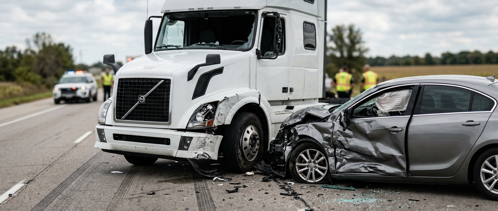 Damaged semi truck and passenger vehicle on the road after a serious collision.