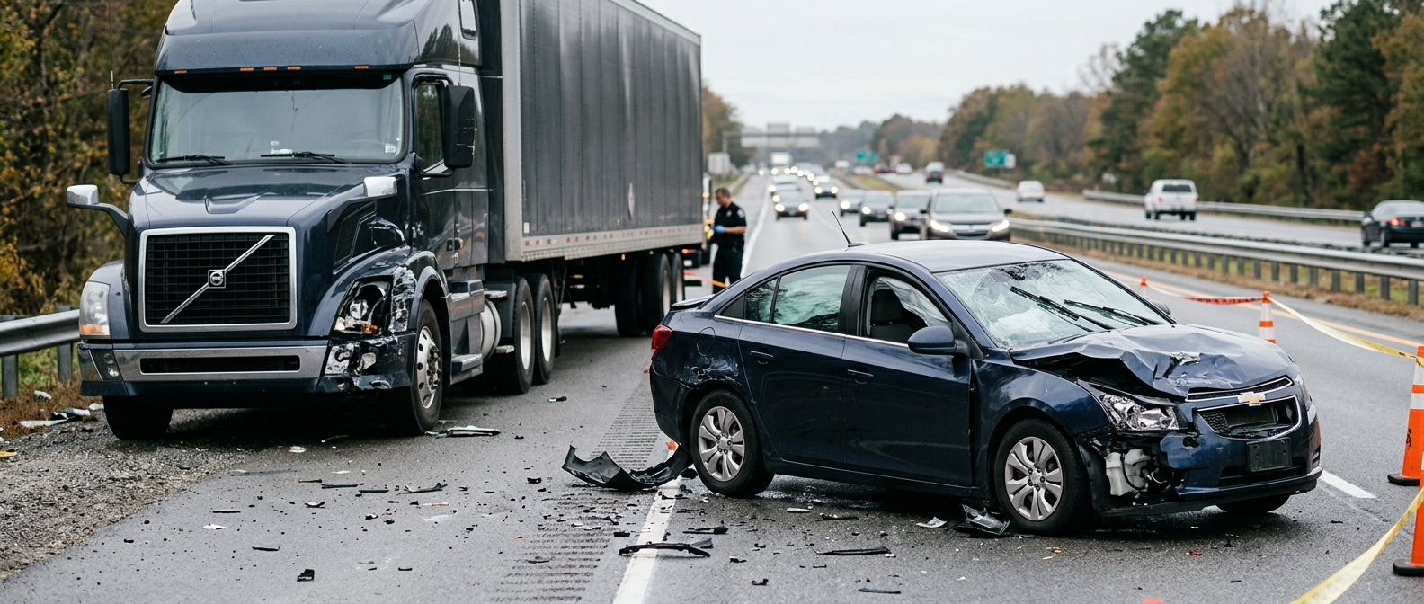 Damaged semi truck and passenger vehicle on the road after a serious collision.