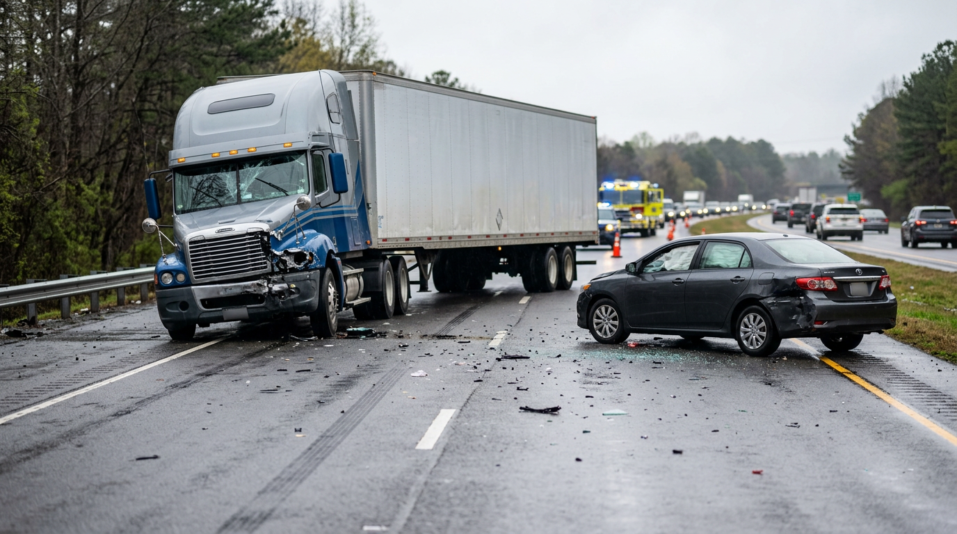 Damaged semi truck folded at an angle beside a wrecked passenger car after a jackknife accident.