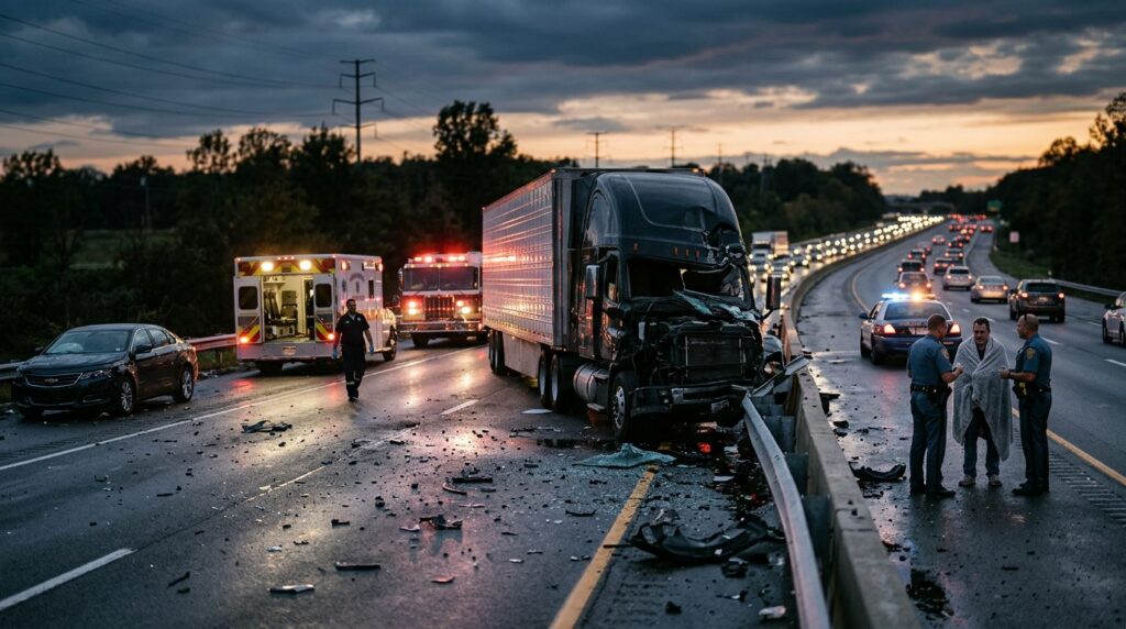 Damaged semi truck on highway after collision at dusk.