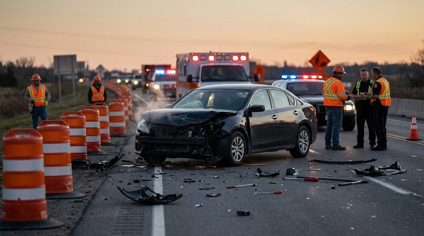 Damaged vehicle in highway work zone at dusk with orange barrels and lane-closure signs.