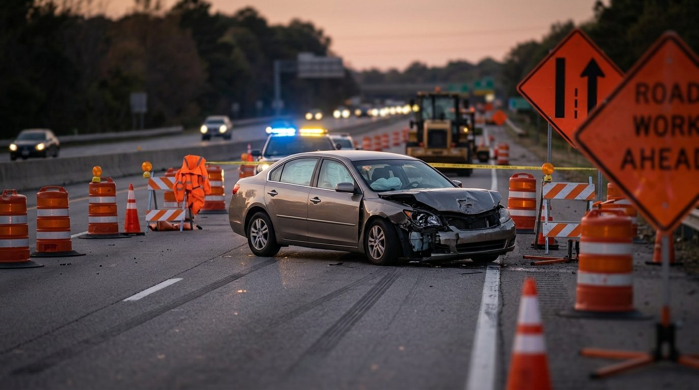 Damaged vehicle in highway work zone with orange barrels and lane-closure signs at dusk.