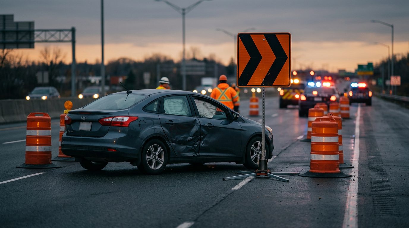 Damaged vehicle in highway work zone with orange barrels and lane-closure signs at dusk.