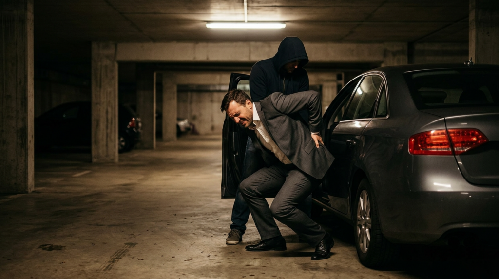 Dim, poorly lit parking garage at night suggesting inadequate property security.