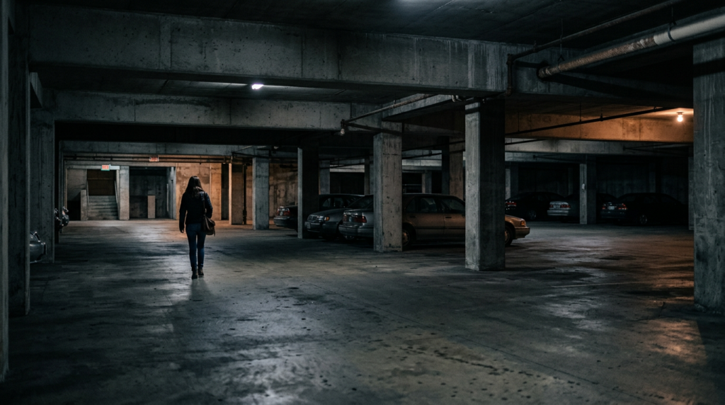 a dim, poorly lit parking garage at night suggesting inadequate property security