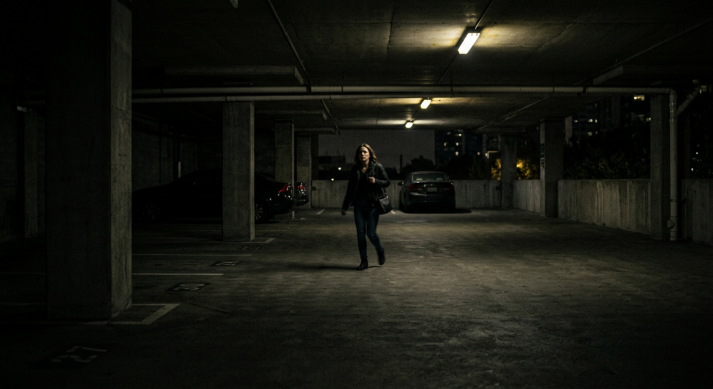 a dim, poorly lit parking garage at night suggesting inadequate property security