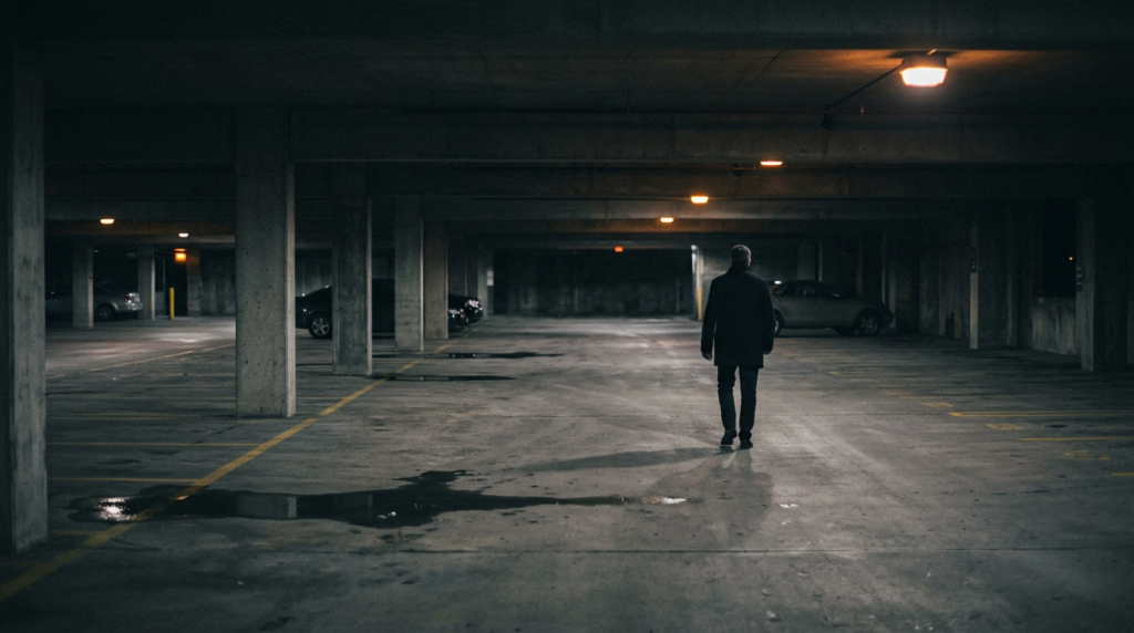 Dimly lit parking garage at night showing inadequate lighting and poor property security.