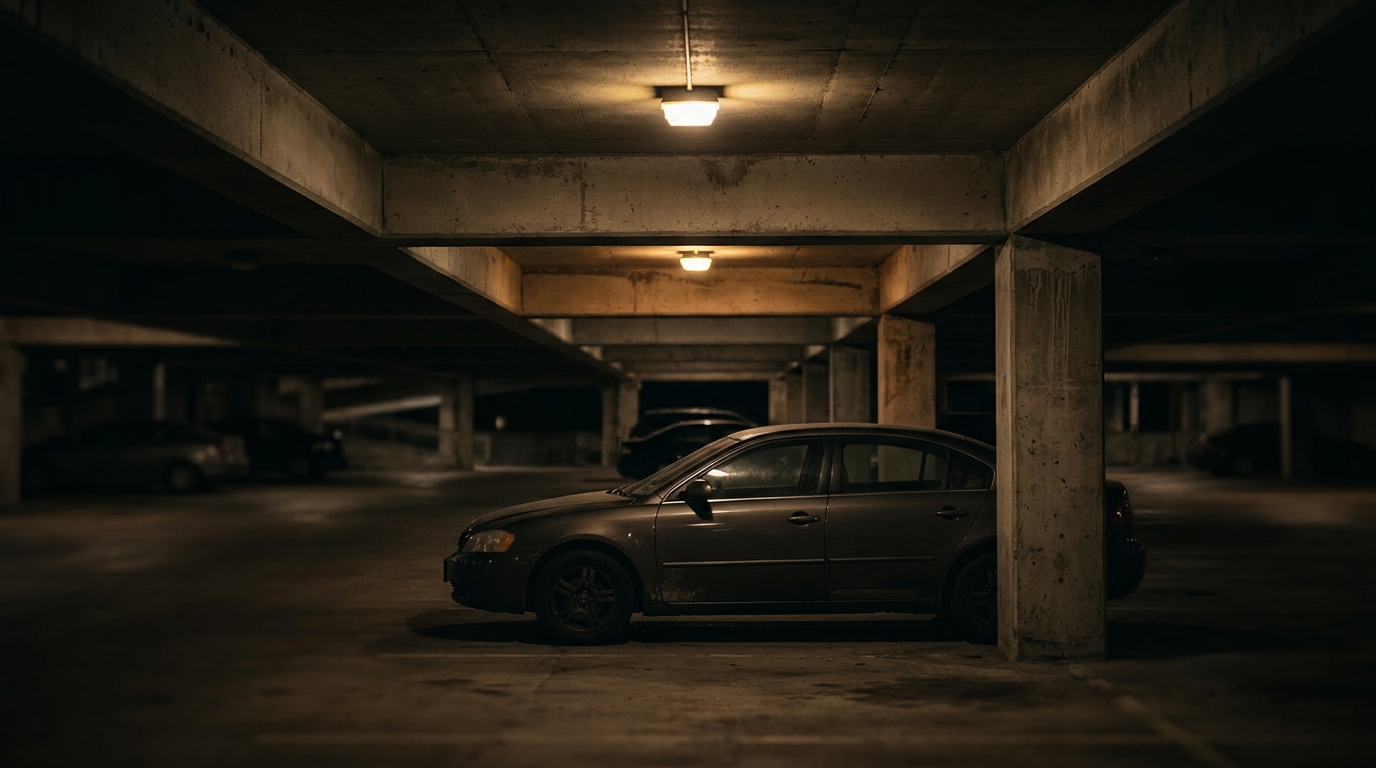 Dimly lit parking garage at night showing inadequate lighting and poor property security.