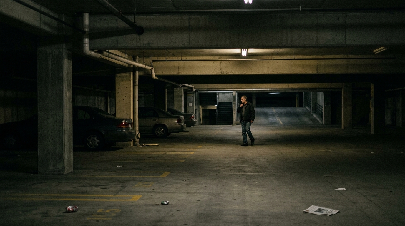 Dimly lit parking garage at night showing inadequate lighting and poor property security.