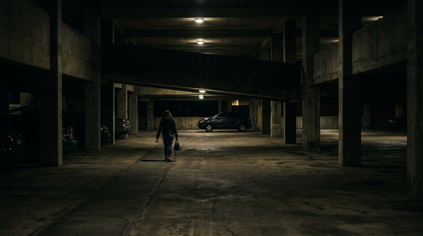 Dimly lit parking garage at night showing poor lighting and inadequate security.