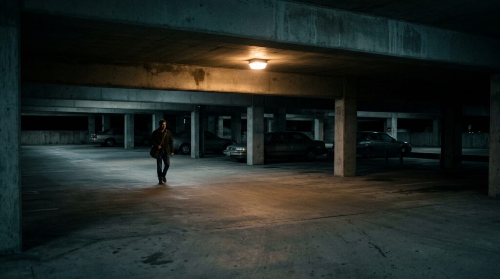 Dimly lit parking garage at night with inadequate lighting and security.