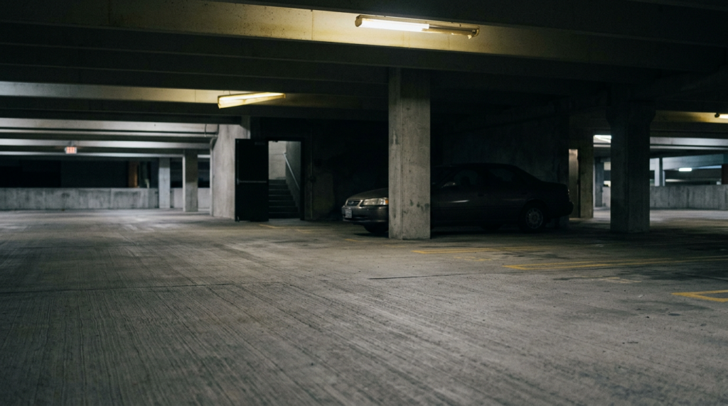 Dimly lit parking garage at night with inadequate lighting and poor security.
