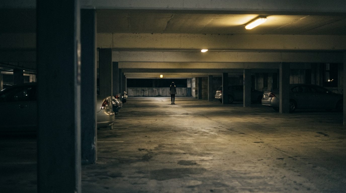 Dimly lit parking garage at night with inadequate lighting and security.