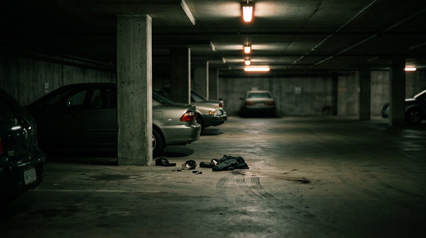 Dimly lit parking garage at night with inadequate lighting and security.