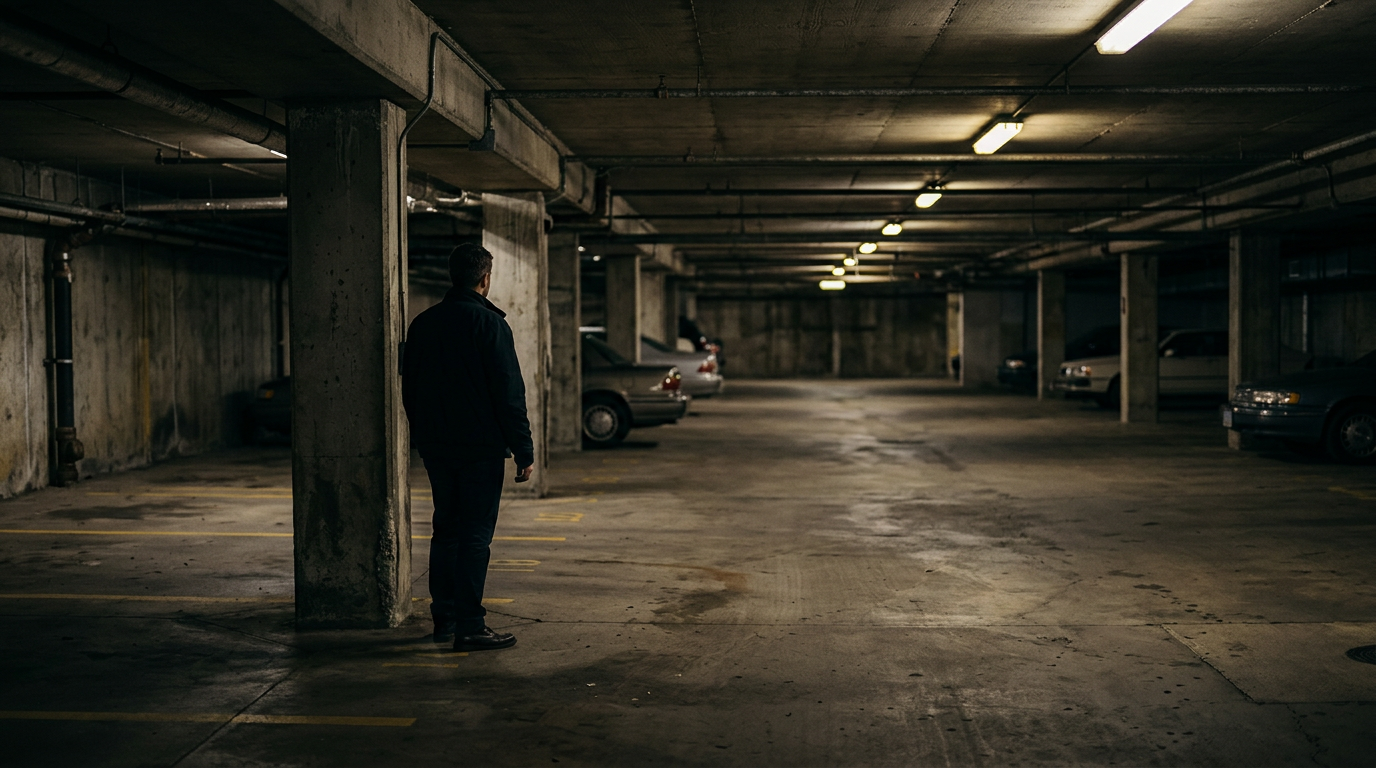 Dimly lit parking garage at night with inadequate lighting and poor security.