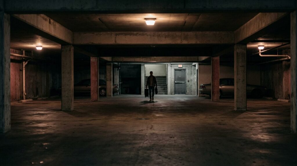 Dimly lit parking garage at night with inadequate lighting and security measures.