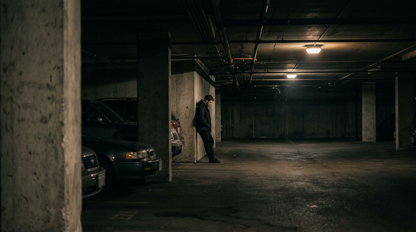 Dimly lit parking garage at night with inadequate lighting and poor security.