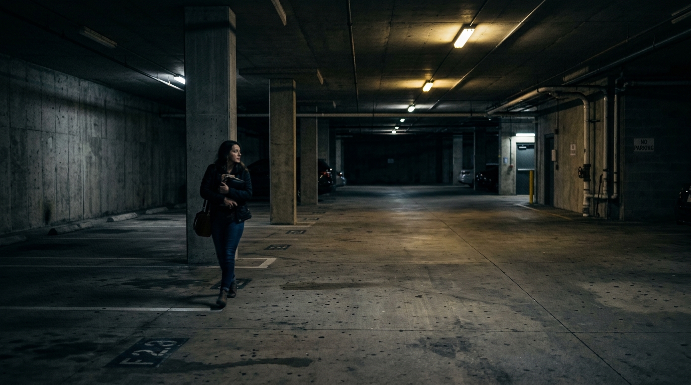 Dimly lit parking garage at night with inadequate lighting suggesting poor property security.