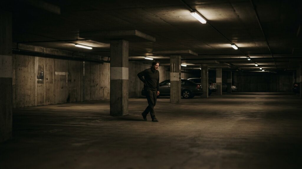 Dimly lit parking garage at night with poor lighting suggesting inadequate property security.
