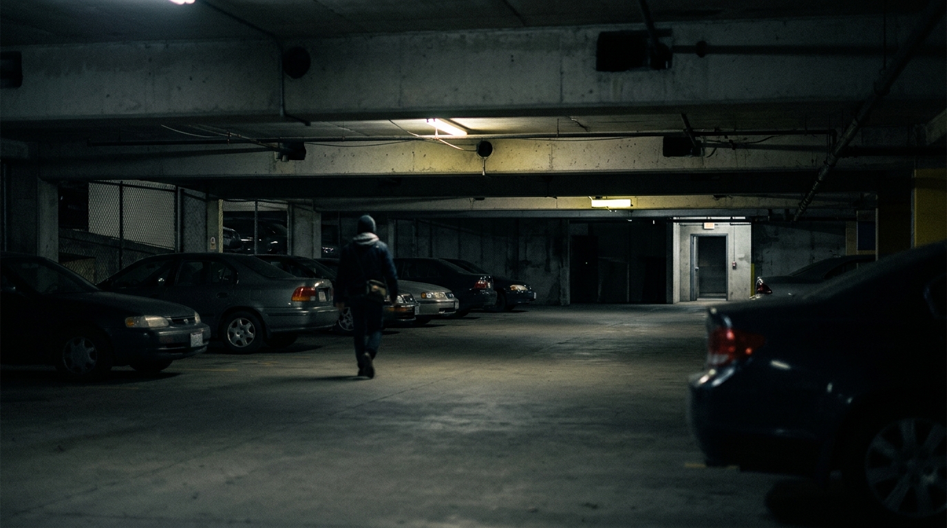 Dimly lit parking garage at night with poor lighting suggesting inadequate property security.