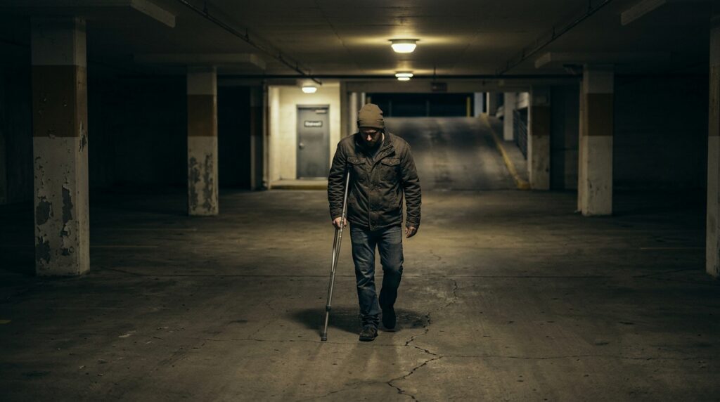 Dimly lit parking garage at night with poor lighting suggesting inadequate property security.