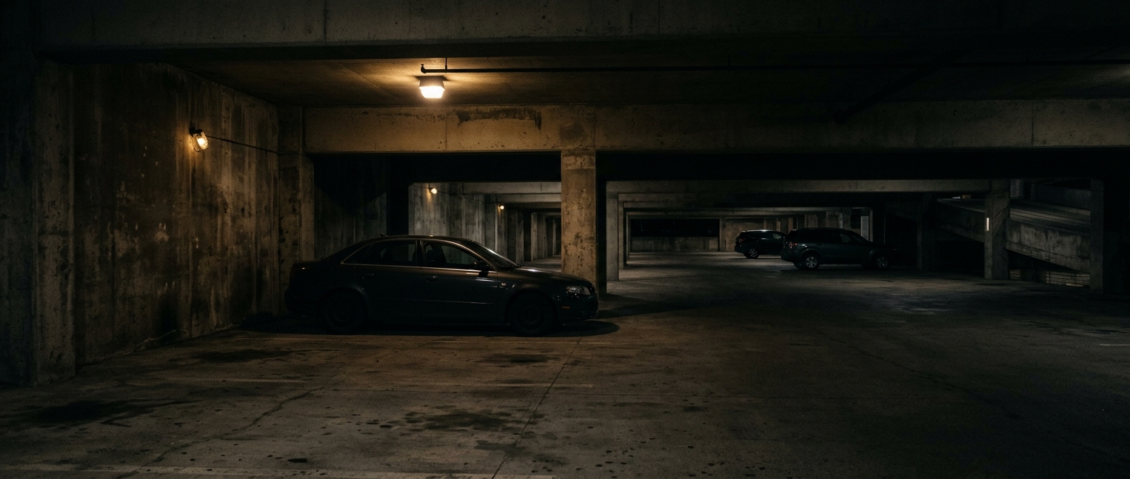 Dimly lit parking garage at night with poor lighting suggesting inadequate property security.