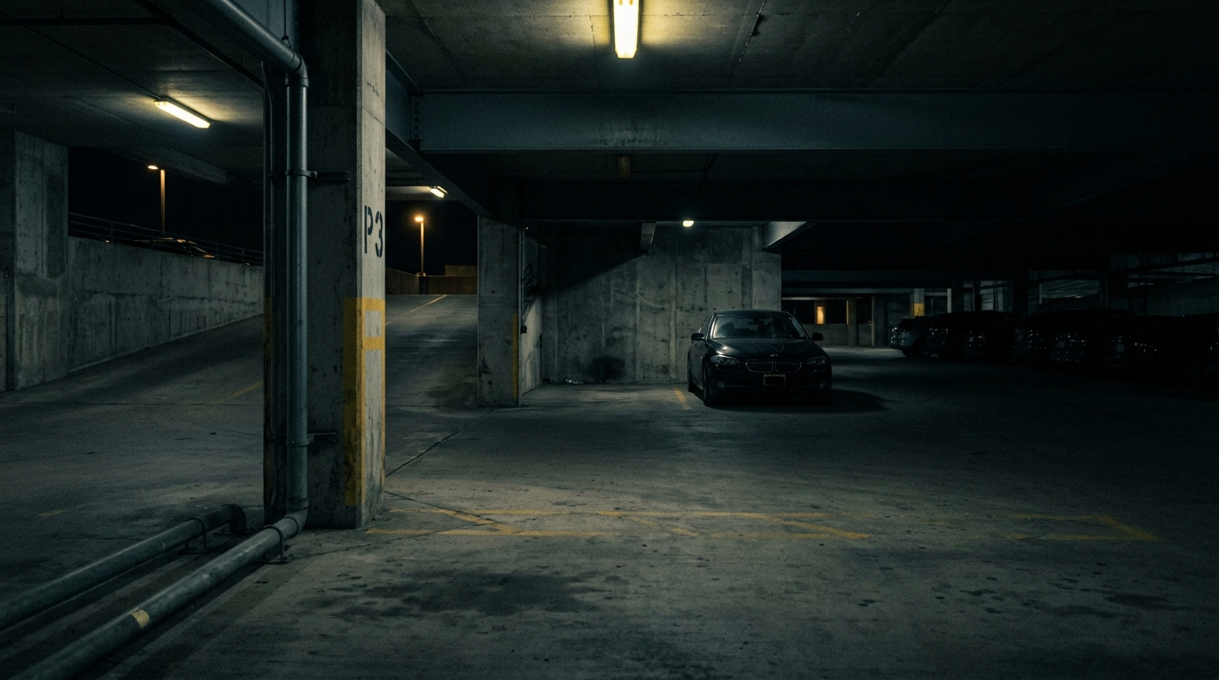 Dimly lit parking garage at night with poor lighting suggesting inadequate property security.