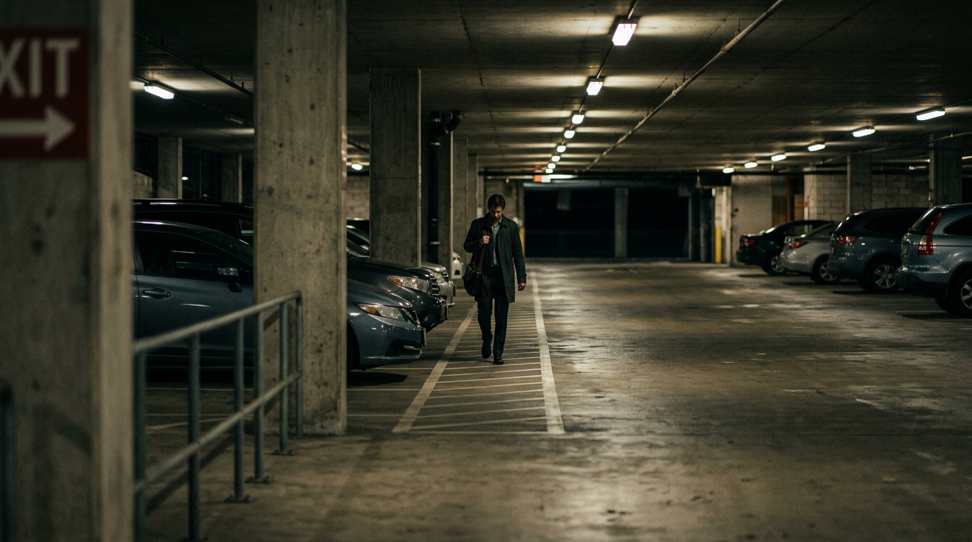 Dimly lit parking garage at night with poor lighting suggesting inadequate property security.