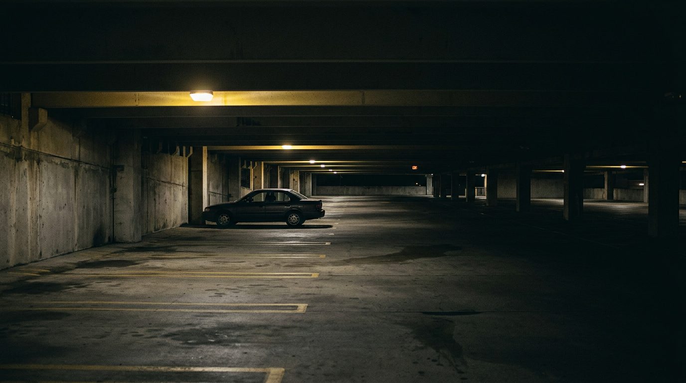 Dimly lit parking garage at night with poor visibility and minimal security lighting.