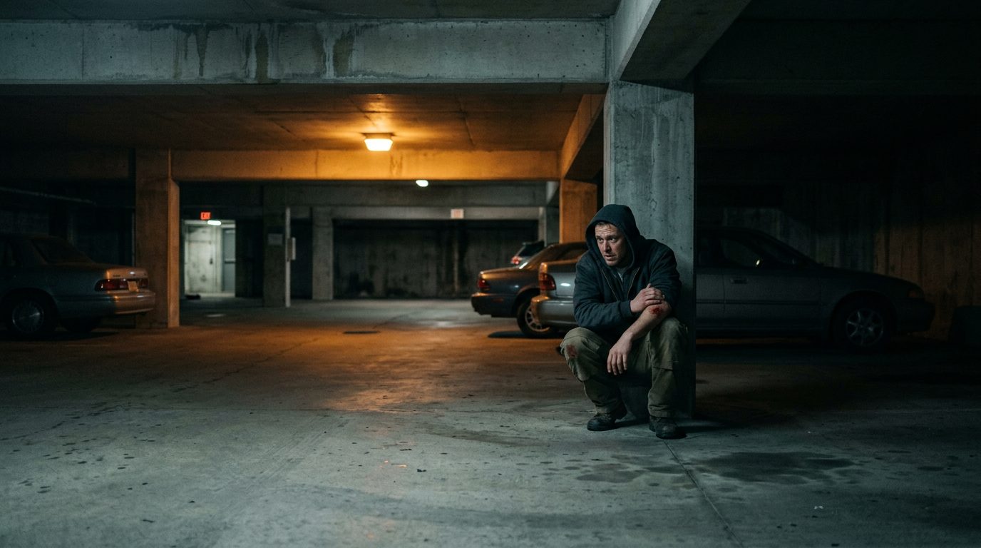 Dimly lit parking garage at night with shadows, illustrating inadequate security conditions.