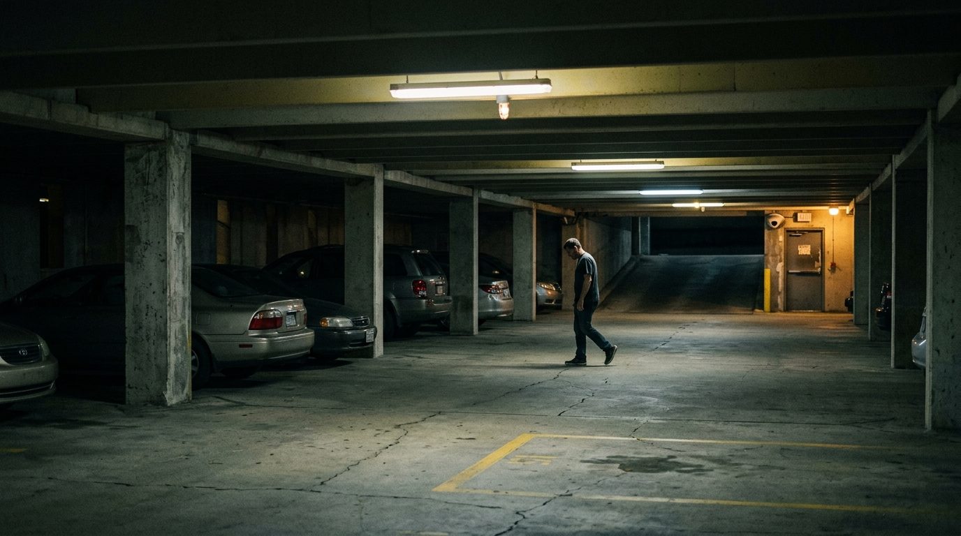 Dimly lit parking garage at night with sparse lighting and shadows.