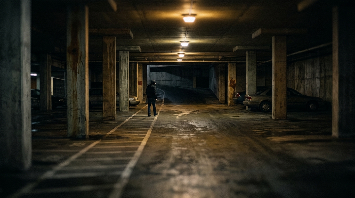 Dimly lit, poorly illuminated parking garage at night suggesting inadequate property security.
