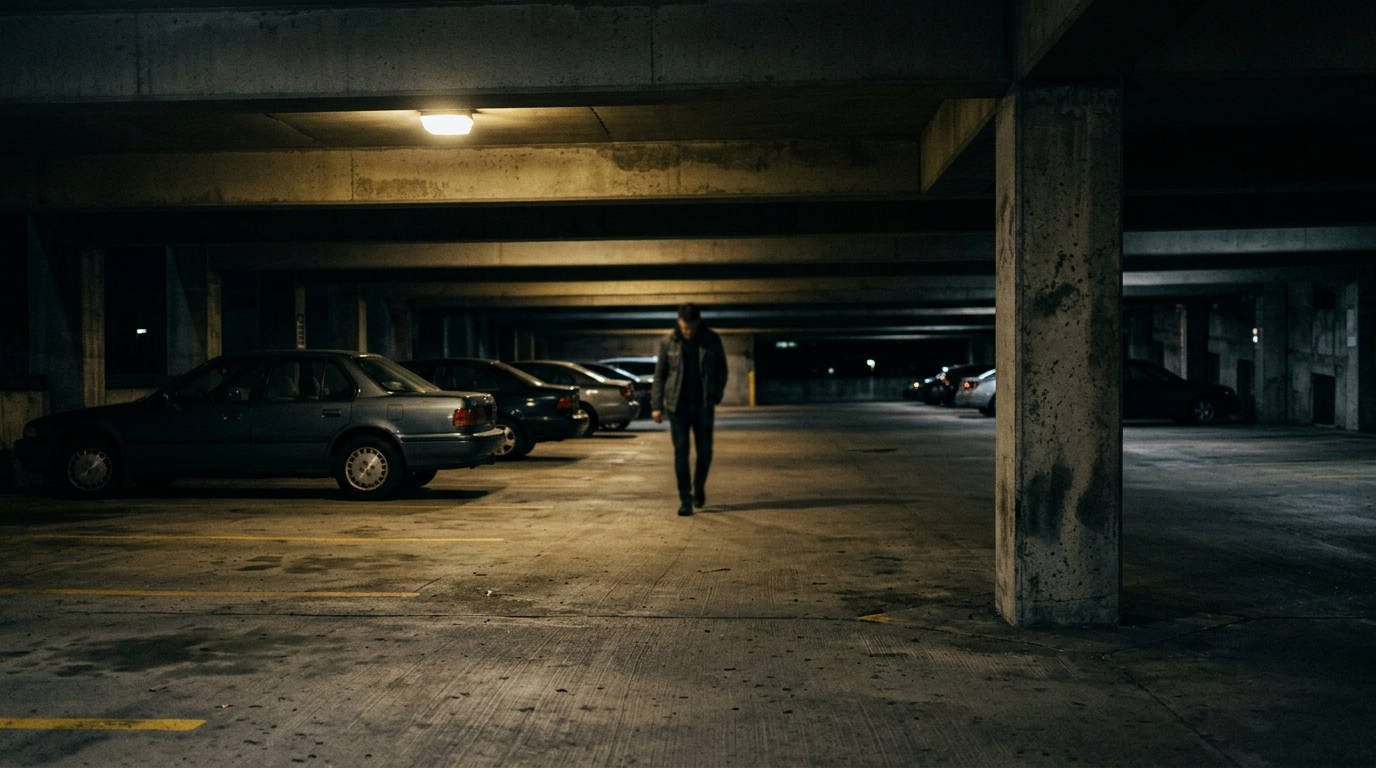 Dimly lit, poorly secured parking garage at night with sparse lighting and deep shadows.