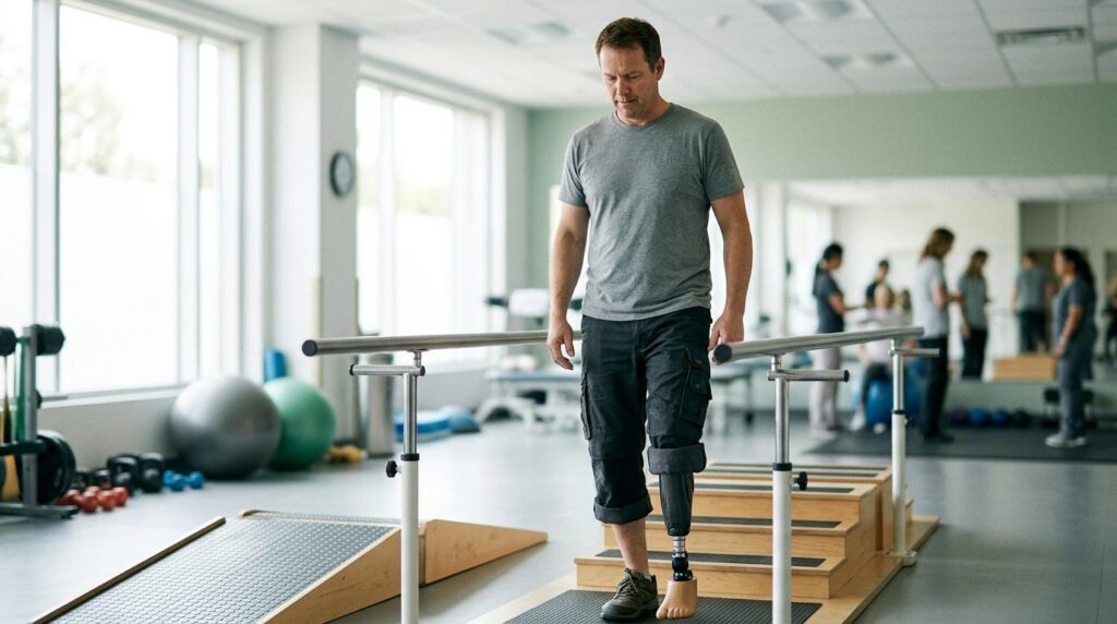 Dock worker with prosthetic limb practicing daily tasks in rehabilitation clinic.