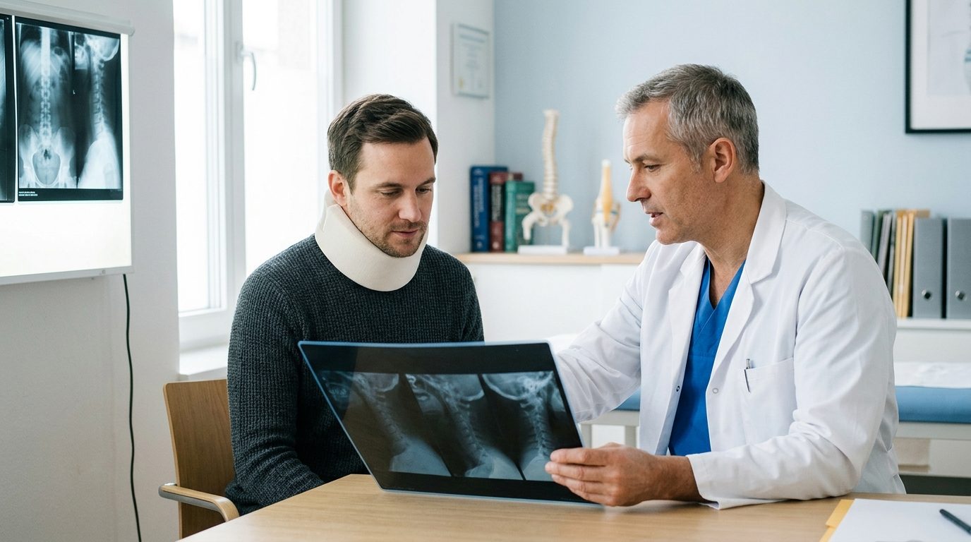 Doctor and patient reviewing spine X-rays in consultation room with neck brace.