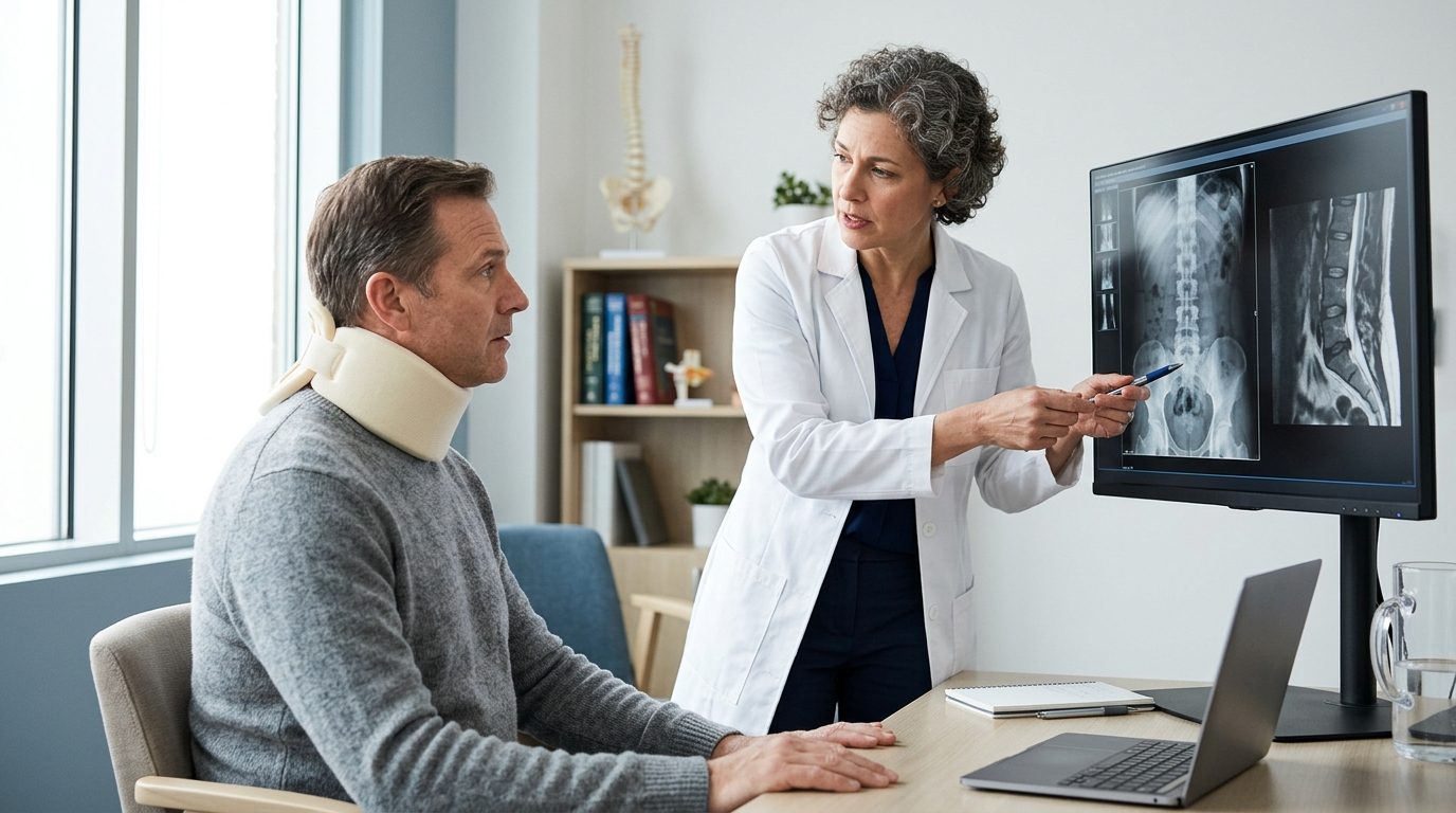 Doctor and patient reviewing spine X-rays in consultation room.