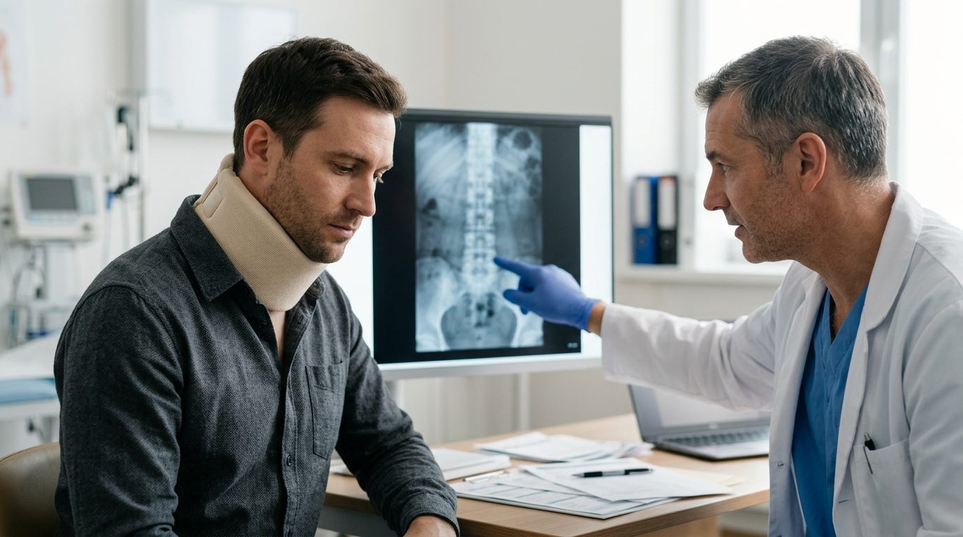 Doctor and patient reviewing spine X-rays in consultation room with neck collar.