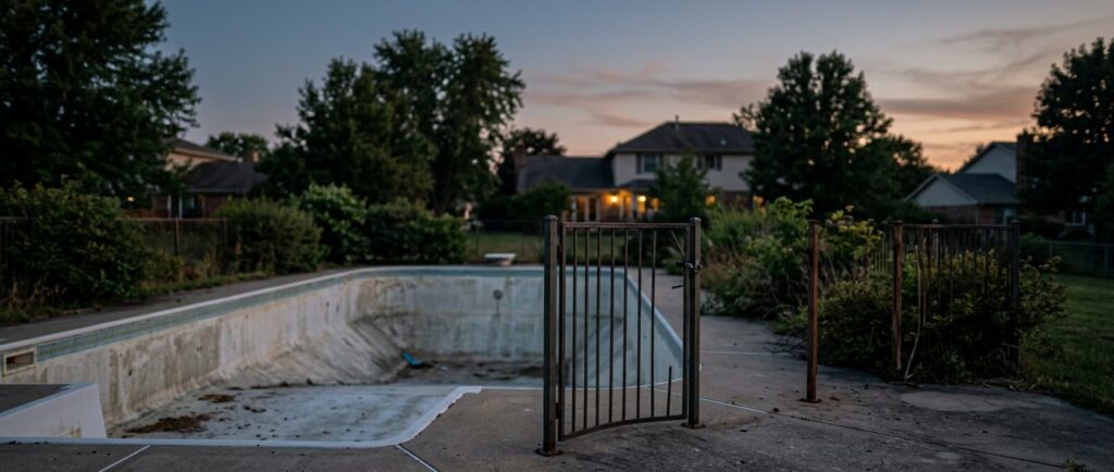 Empty residential pool at dusk with open safety gate and missing barrier fencing.