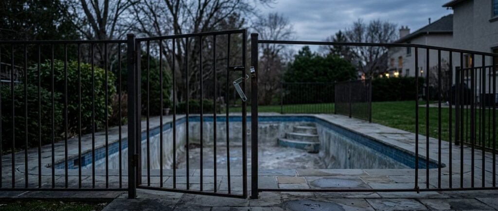 Empty residential pool at dusk with unlatched gate and missing barrier fencing.